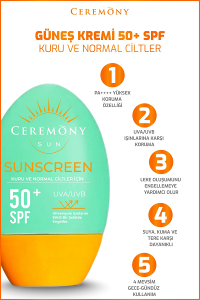 Ceremony UVA-UVB Yüksek Koruma Doğal Görünümlü Hızlı Emilen 50+SPF Güneş Kremi Kuru ve Normal Ciltler 50ml