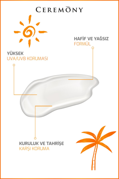 Ceremony UVA-UVB Yüksek Koruma Doğal Görünümlü Hızlı Emilen 50+SPF Güneş Kremi Kuru ve Normal Ciltler 50ml