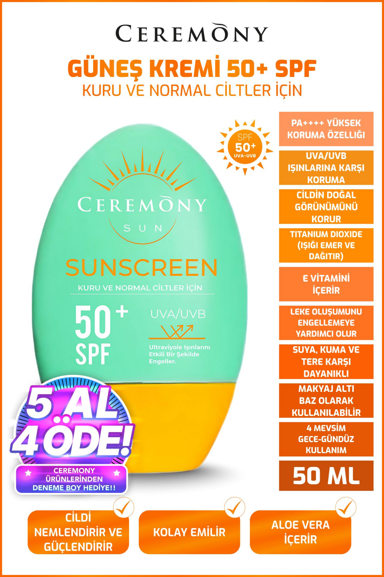 Ceremony UVA-UVB Yüksek Koruma Doğal Görünümlü Hızlı Emilen 50+SPF Güneş Kremi Kuru ve Normal Ciltler 50ml