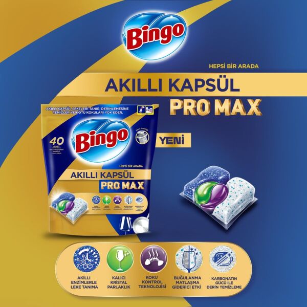 Bingo Pro Max Akıllı Kapsül Bulaşık Makinesi Deterjanı Tableti 60'lı