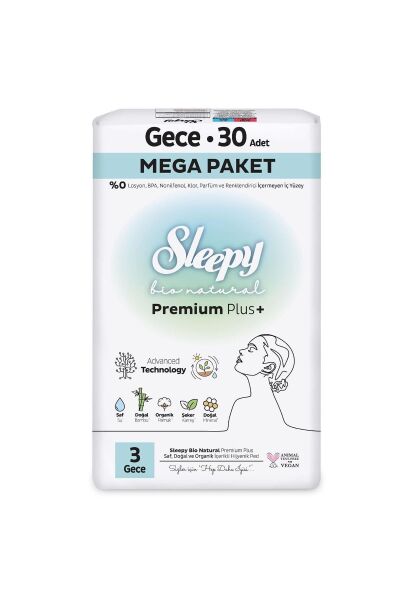 Sleepy Bio Natural Premium Plus Hijyenik Ped Mega Paket Gece 30 Adet