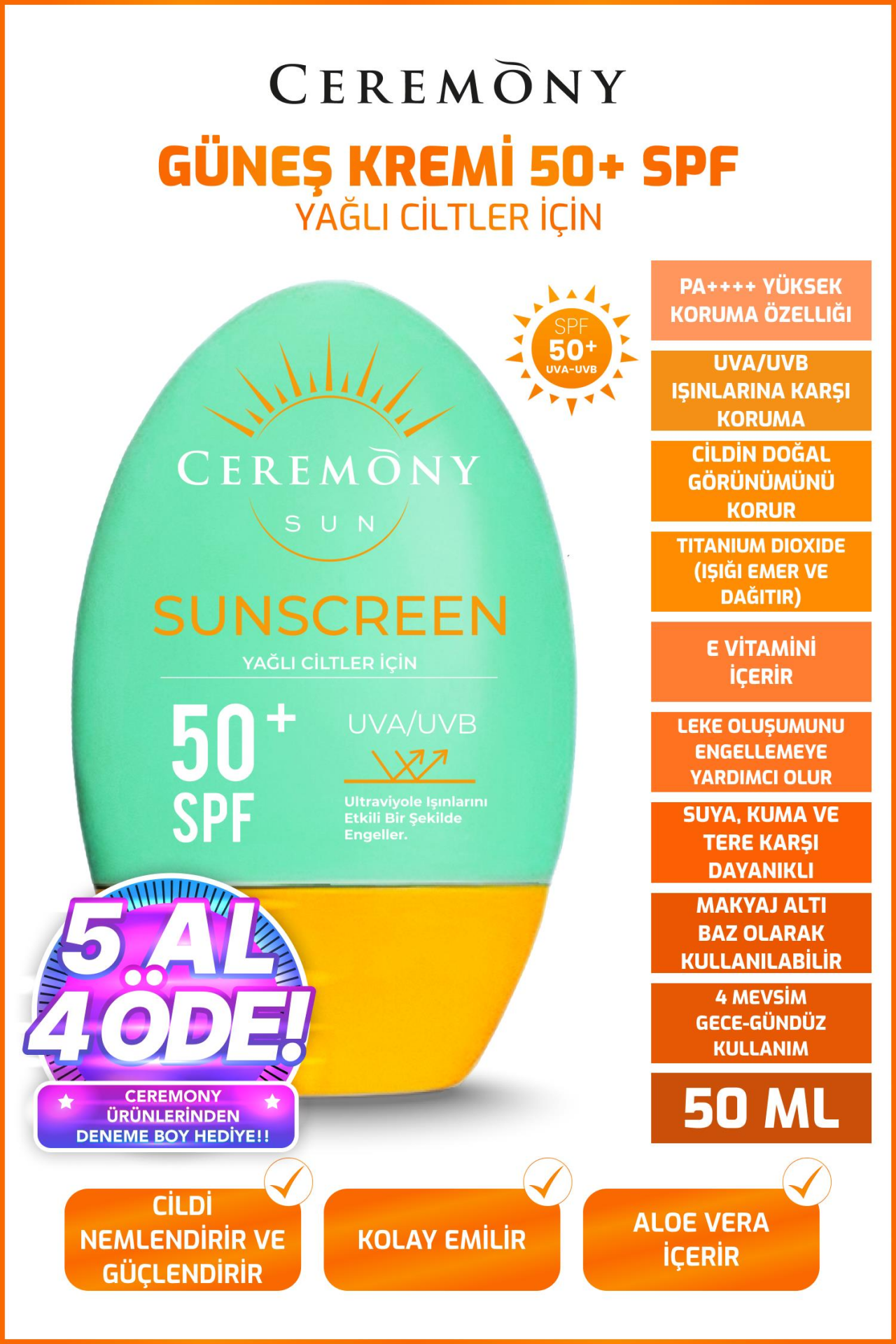 Ceremony UVA-UVB Yüksek Koruma Doğal Görünümlü Hızlı Emilen 50+SPF Güneş Kremi Yağlı Ciltler 50ml