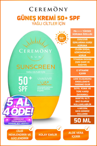 Ceremony UVA-UVB Yüksek Koruma Doğal Görünümlü Hızlı Emilen 50+SPF Güneş Kremi Yağlı Ciltler 50ml