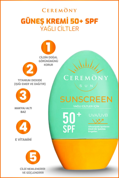 Ceremony UVA-UVB Yüksek Koruma Doğal Görünümlü Hızlı Emilen 50+SPF Güneş Kremi Yağlı Ciltler 50ml
