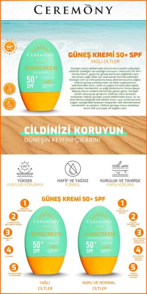 Ceremony UVA-UVB Yüksek Koruma Doğal Görünümlü Hızlı Emilen 50+SPF Güneş Kremi Yağlı Ciltler 50ml