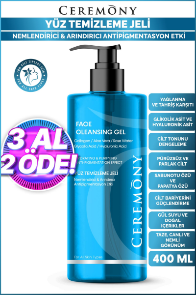 Ceremony 400 ml Temizleme Jeli Nemlendirici Arındırıcı Cilt Tonu Eşitleyici Hyalüronik