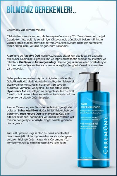 Ceremony 400 ml Nemlendirici Akne Arındırıcı Cilt Tonu Eşitleyici Kolajenli Hyalüronik İçeren Temizleme Jeli