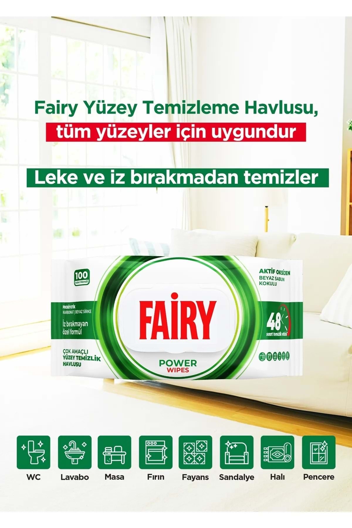 Power Wipes Yüzey Temizleme Mendili 100 Yaprak | Beyaz Sabun | Beyaz Sirke & Karbonat