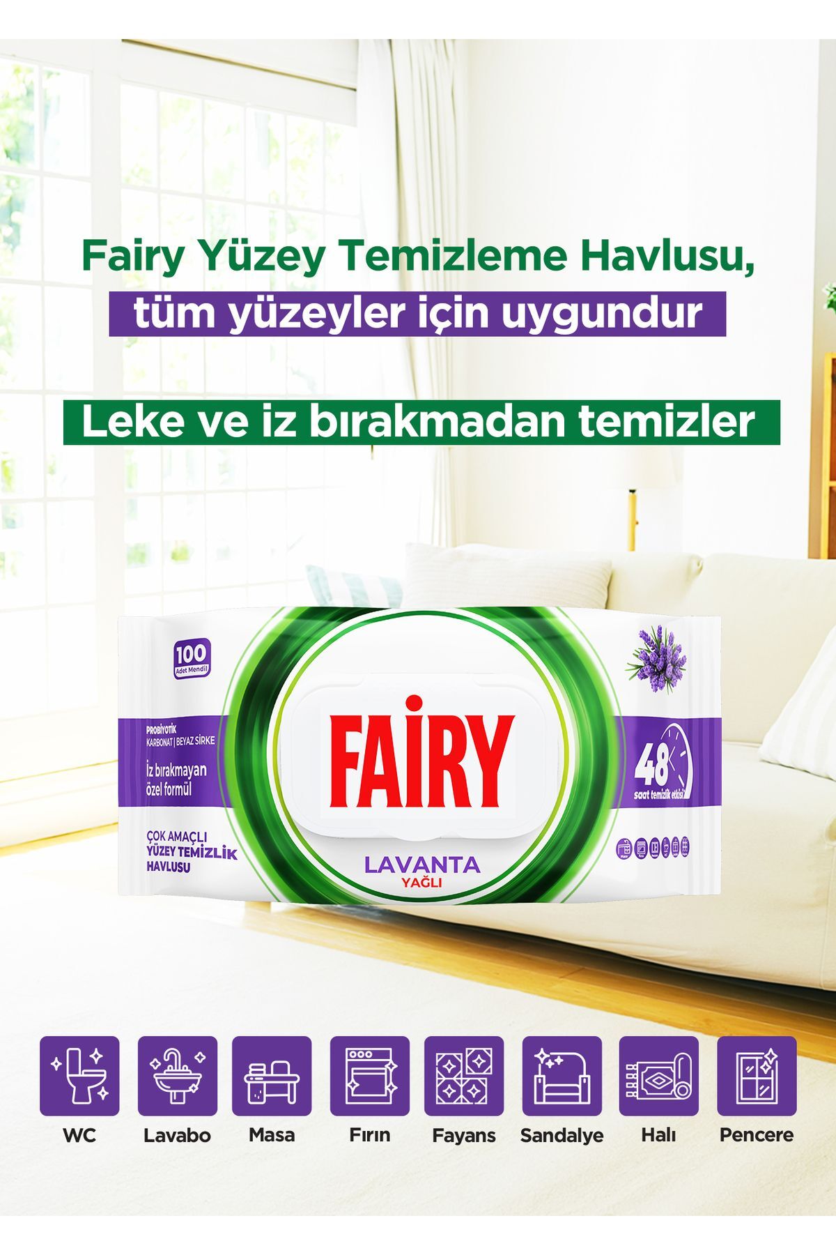 Çok Amaçlı Yüzey Temizlik Havlusu 100 Yaprak | Lavanta Yağlı | Beyaz Sirke & Karbonat