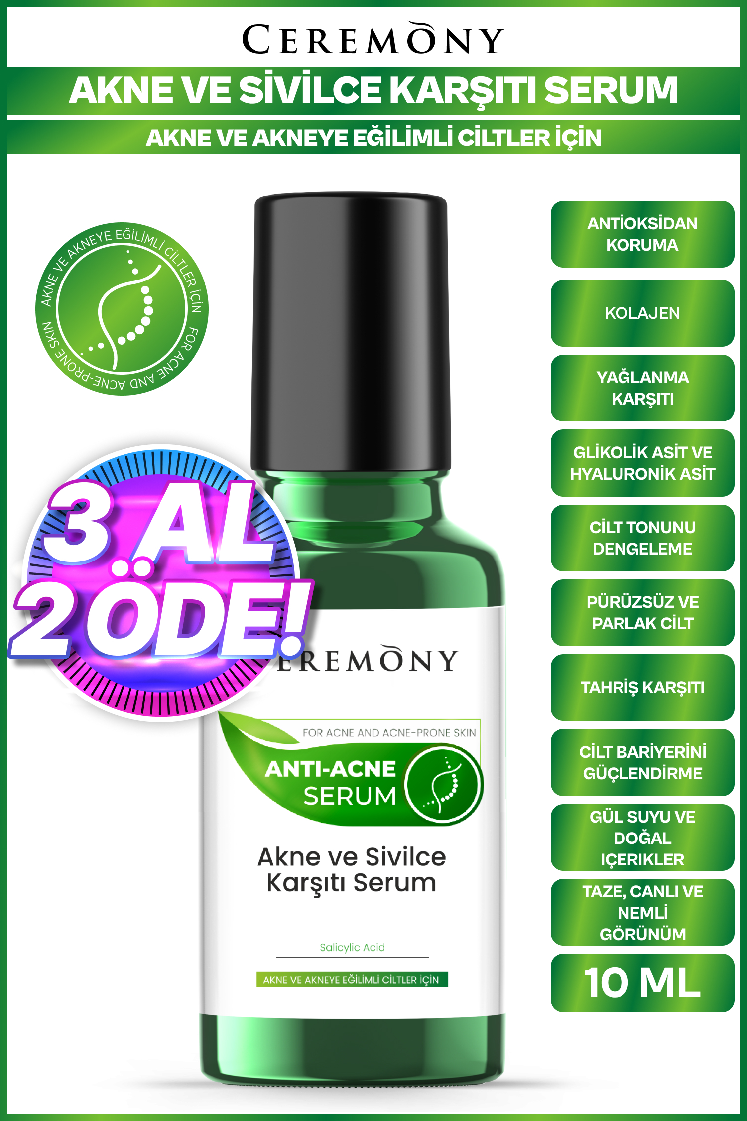 Akne Ve Sivilce Karşıtı Cilt Bakım Serumu Roll-on 10ml