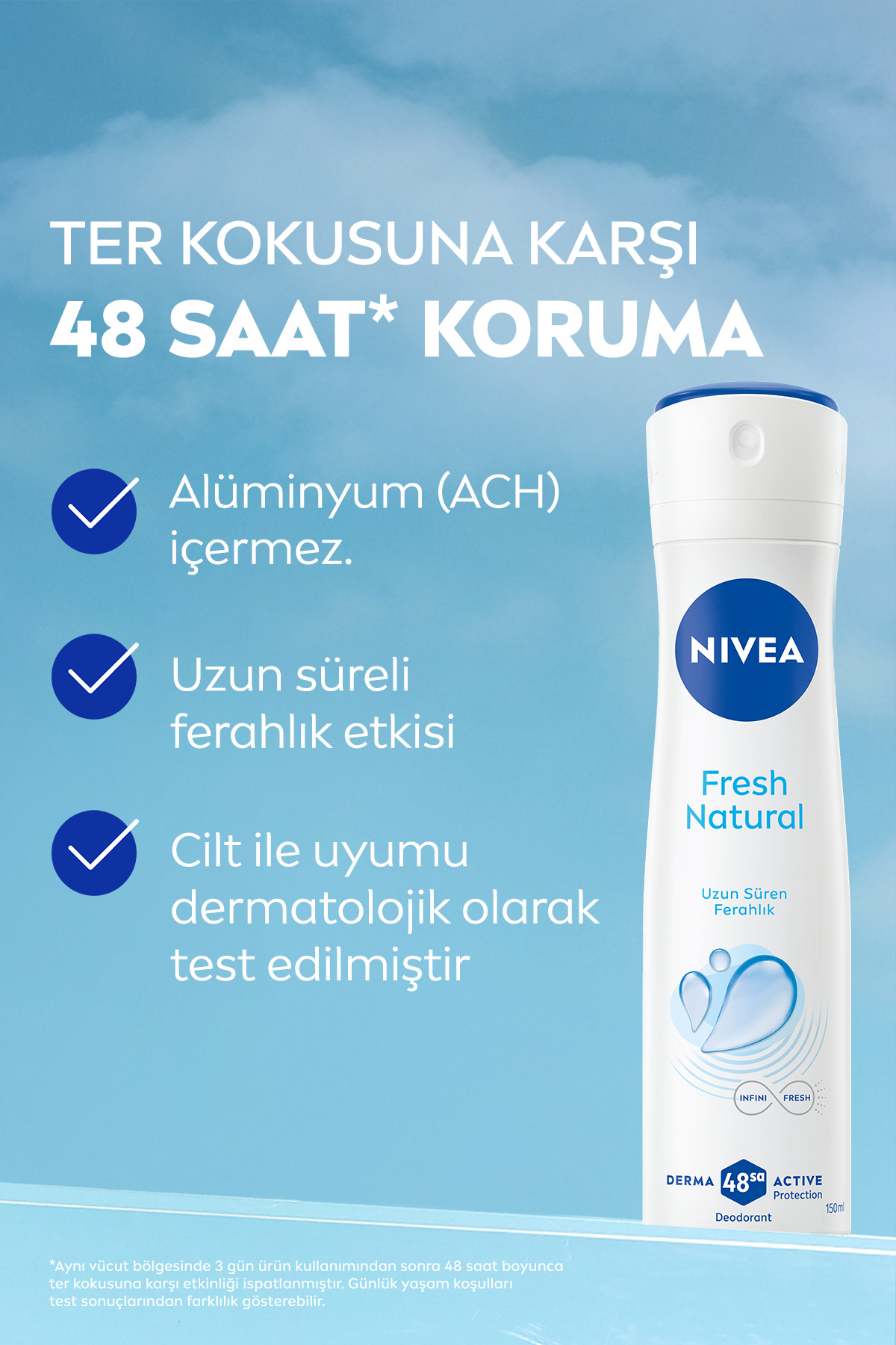 Kadın Sprey Deodorant Fresh Natural 150ml, Ter Kokusuna Karşı 48 Saat Koruma, Pudrasız, Ferah Koku