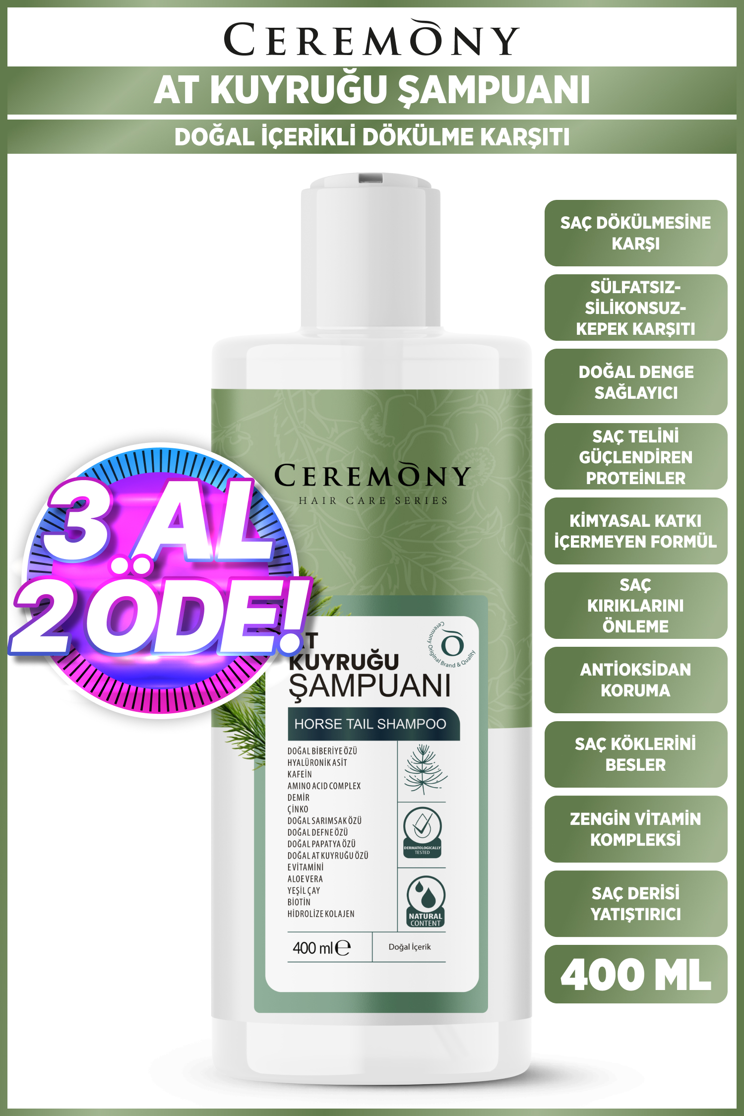 Ceremony At Kuyruğu, Biberiye ve Hyalüronik İçeren 15 Bileşenli Şampuan 400 Ml