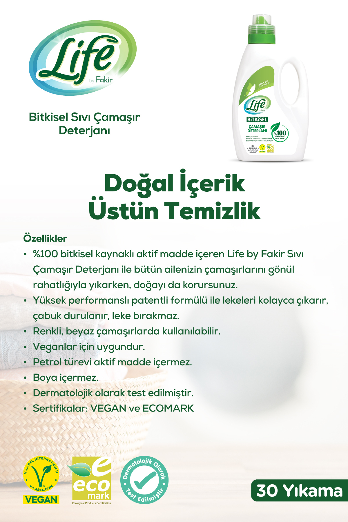 Bitkisel Sıvı Çamaşır Deterjanı 1500ml-Biyoenzim Teknolojisi, Renkli&beyaz, %100 Doğal Temizlik