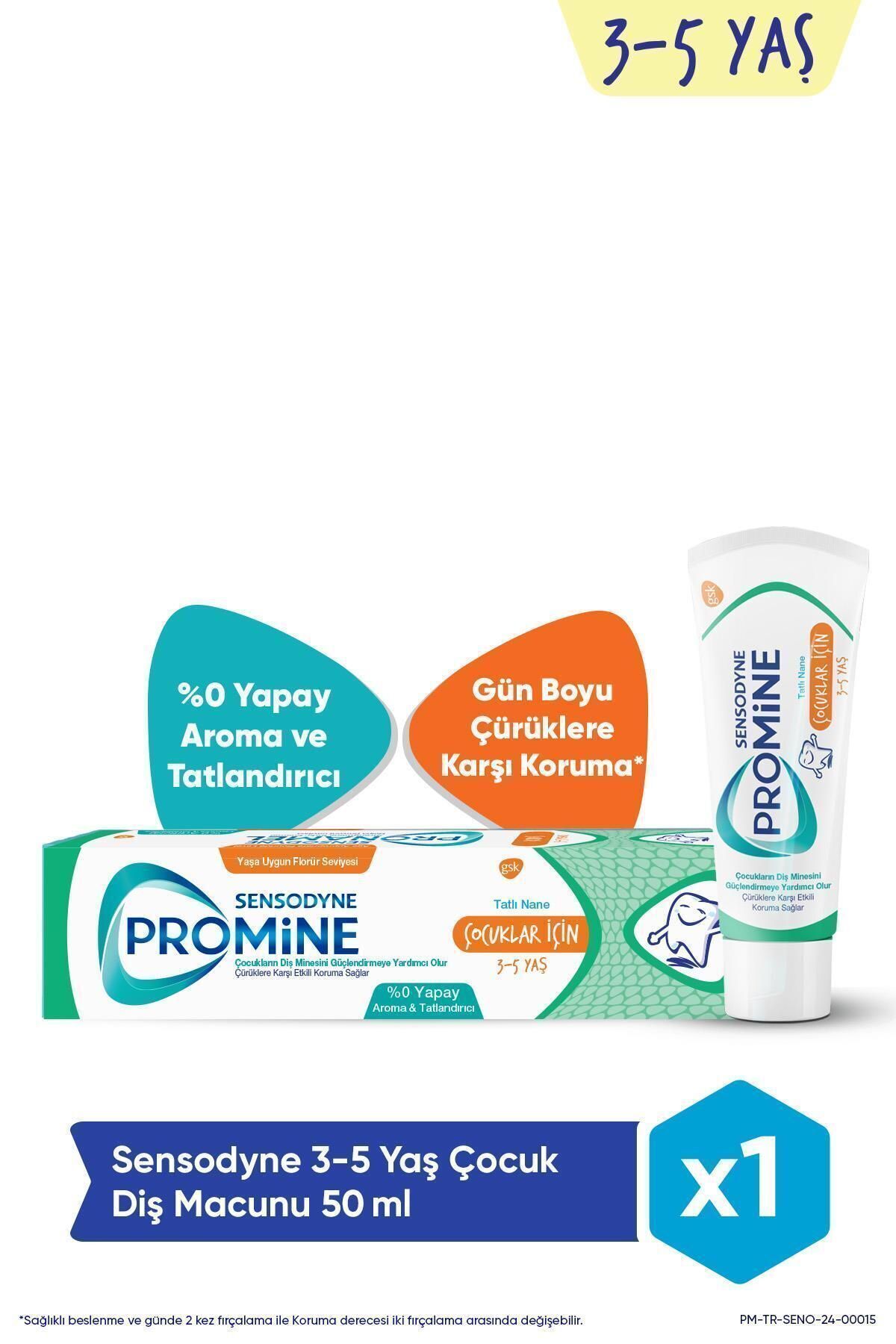 Promine 3-5 Yaş Çocuklar İçin Gün Boyu Çürüklere Karşı Koruyan Şekersiz Diş Macunu 50ml