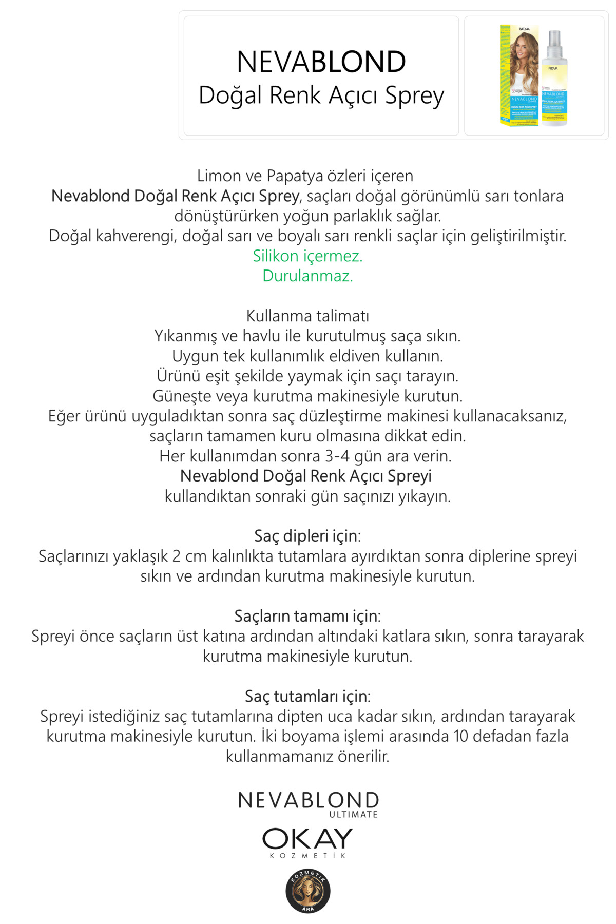 Doğal Renk Açıcı Papatya Özü Sprey 150 ml