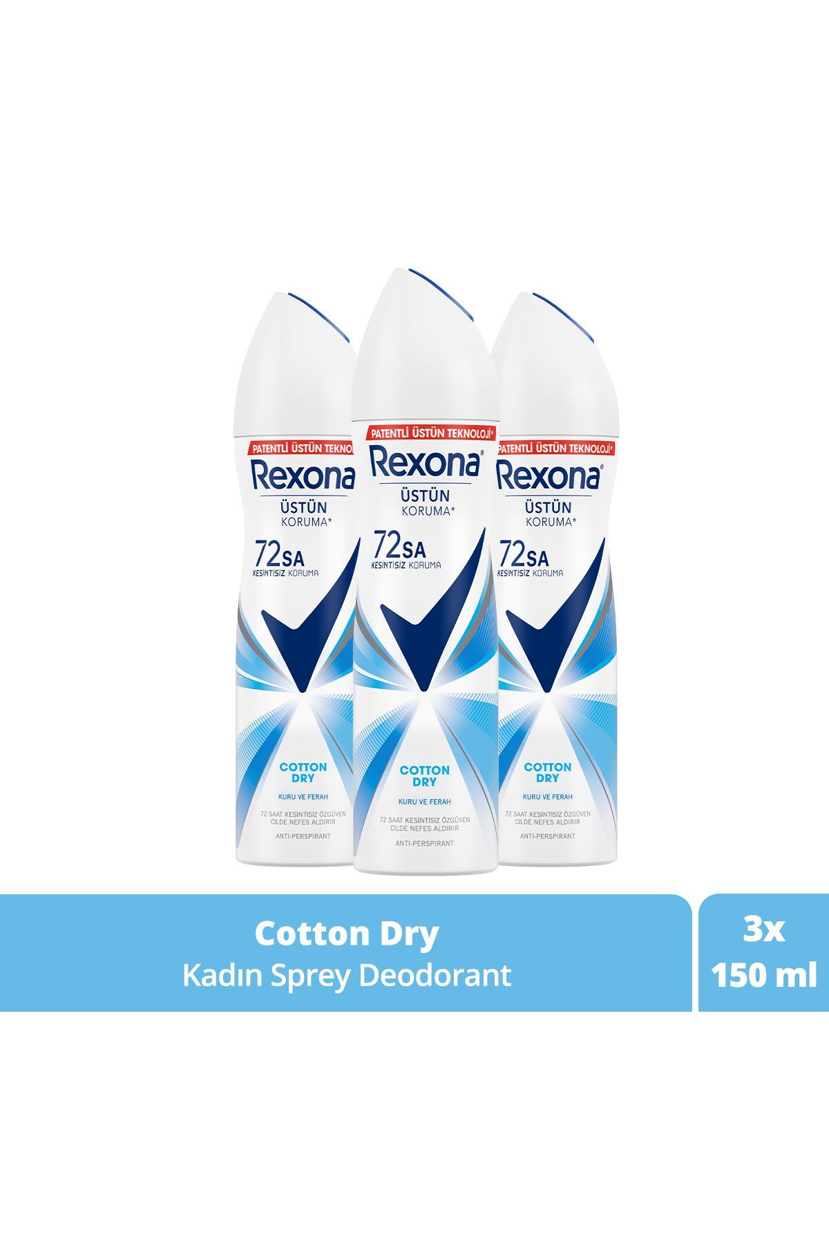 Kadın Sprey Deodorant Cotton Dry 72 Saat Kesintisiz Üstün Koruma 150 Mlx3