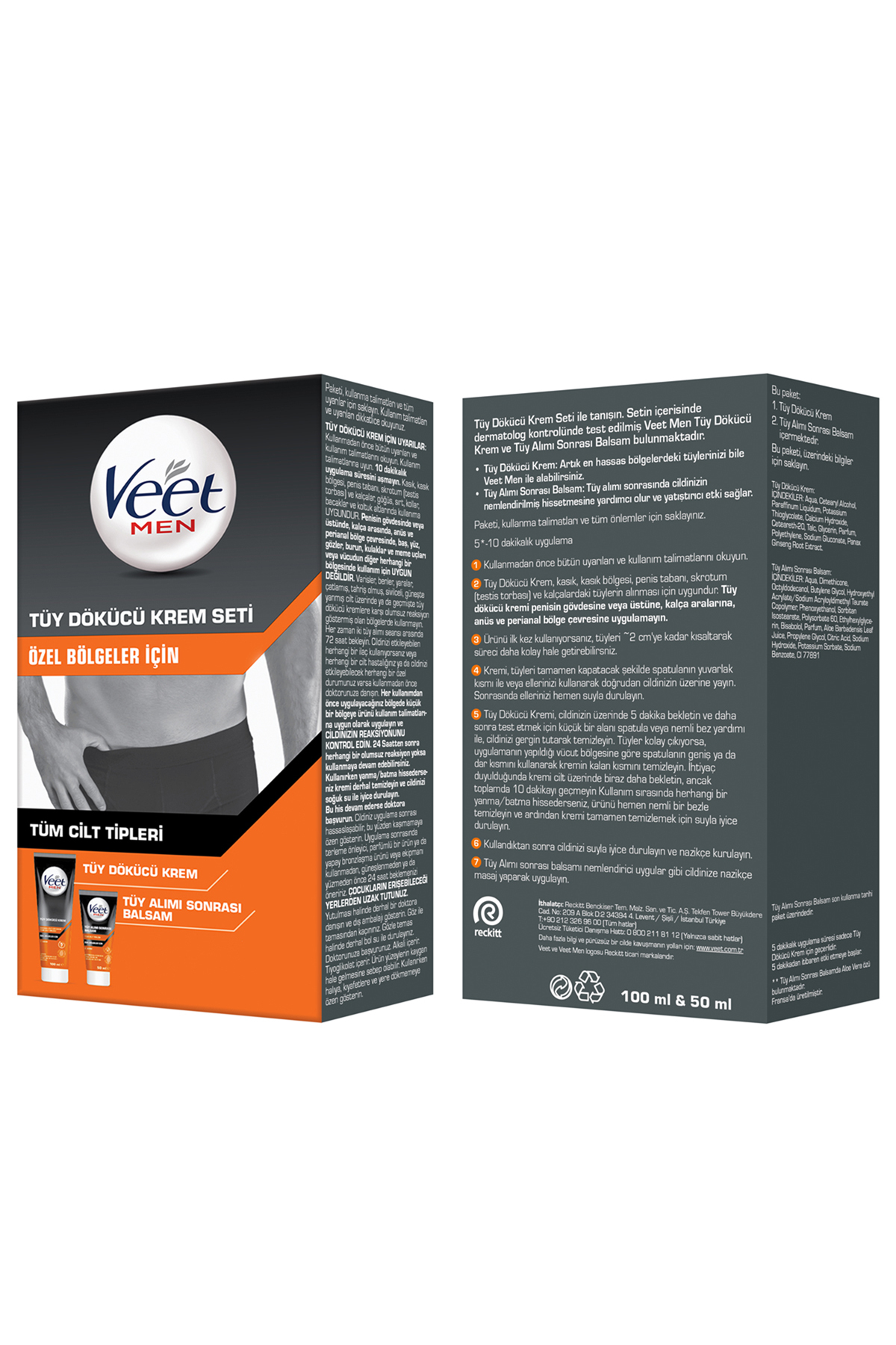 Men Erkek Özel Bölgeler İçin Tüy Dökücü Krem Seti Tüm Cilt Tipleri İçin 100 + 50 ml