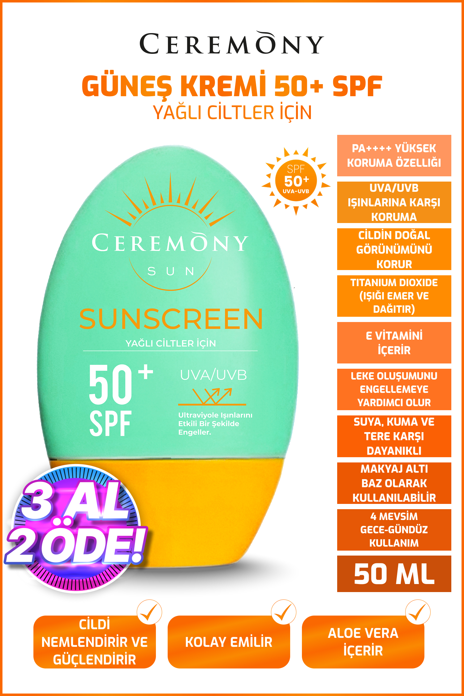UVA-UVB Yüksek Koruma Doğal Görünümlü Hızlı Emilen 50+SPF Güneş Kremi Yağlı Ciltler 50ml