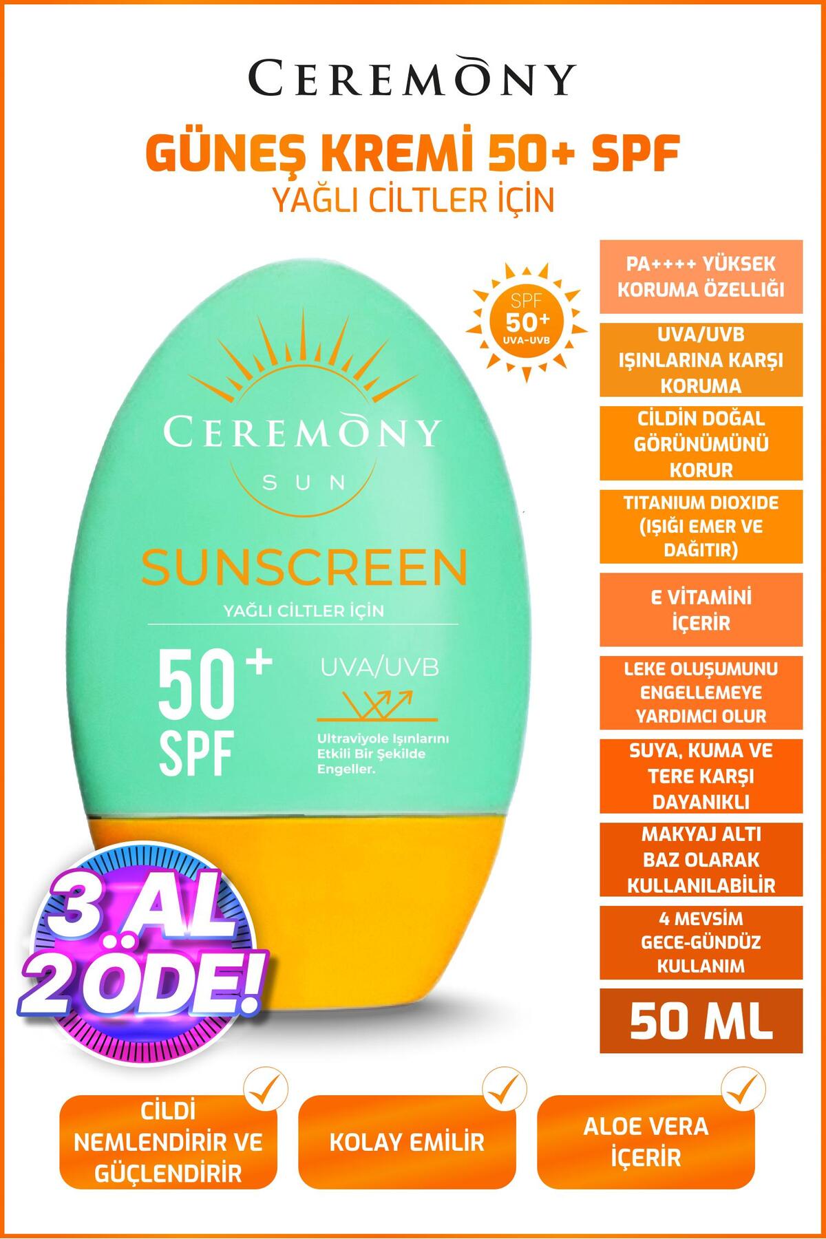 UVA-UVB Yüksek Koruma Doğal Görünümlü Hızlı Emilen 50+SPF Güneş Kremi Yağlı Ciltler 50ml
