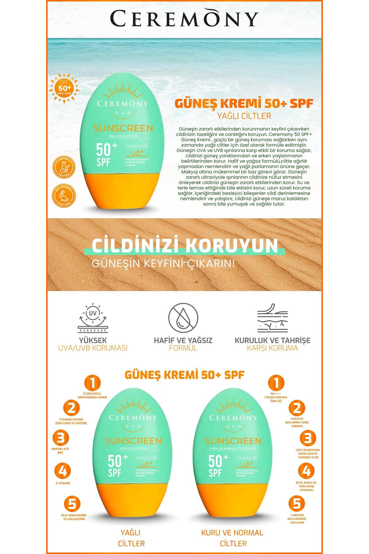 UVA-UVB Yüksek Koruma Doğal Görünümlü Hızlı Emilen 50+SPF Güneş Kremi Yağlı Ciltler 50ml
