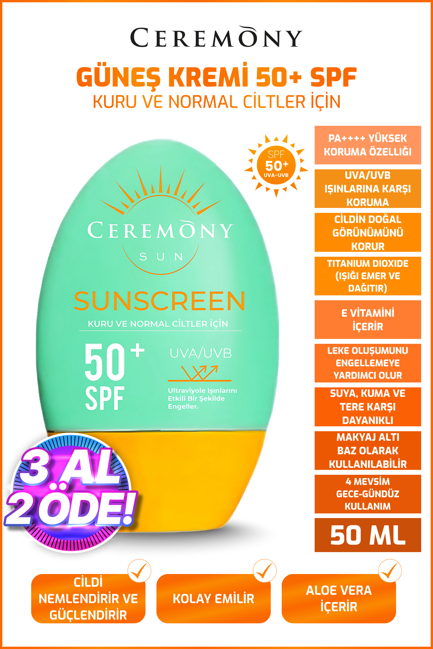 UVA-UVB Yüksek Koruma Doğal Görünümlü Hızlı Emilen 50+SPF Güneş Kremi Kuru ve Normal Ciltle