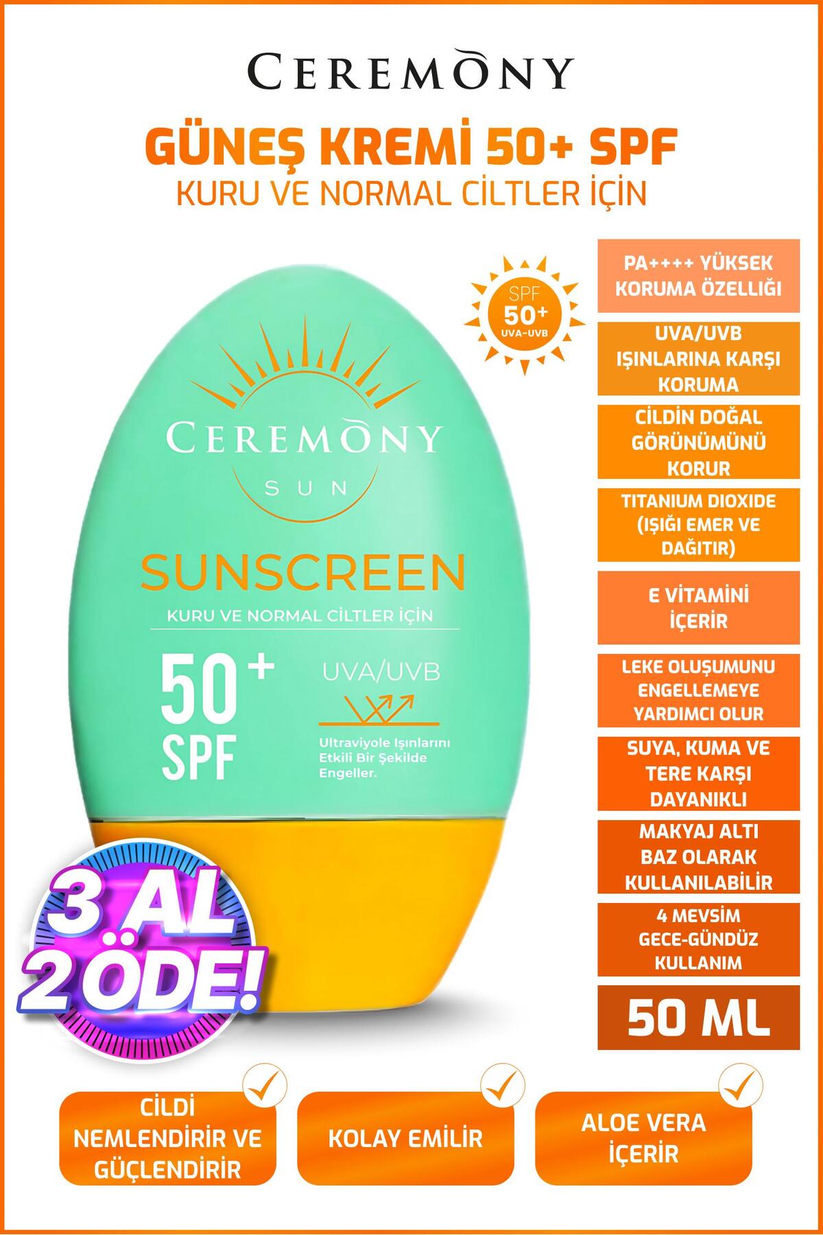 UVA-UVB Yüksek Koruma Doğal Görünümlü Hızlı Emilen 50+SPF Güneş Kremi Kuru ve Normal Ciltle