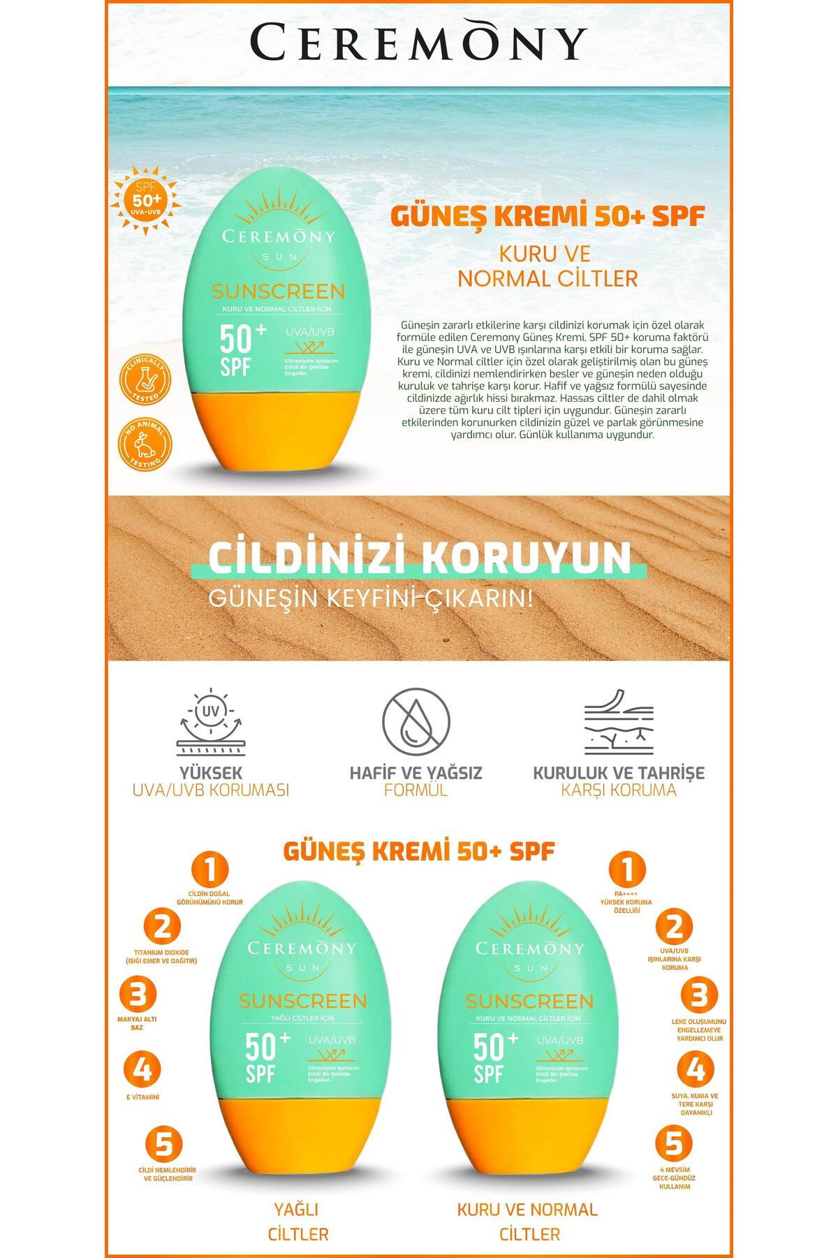 UVA-UVB Yüksek Koruma Doğal Görünümlü Hızlı Emilen 50+SPF Güneş Kremi Kuru ve Normal Ciltle