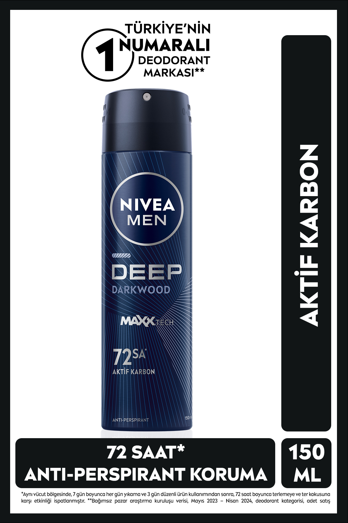 MEN Erkek Sprey Deodorant Deep Dimension Aktif Karbon 150ml, 72 Saat Anti-perspirant Ter Koruması