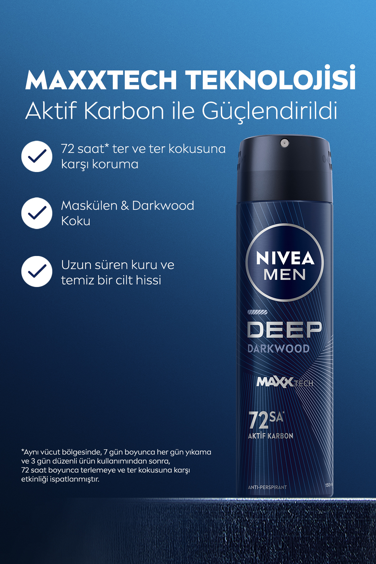 MEN Erkek Sprey Deodorant Deep Dimension Aktif Karbon 150ml, 72 Saat Anti-perspirant Ter Koruması