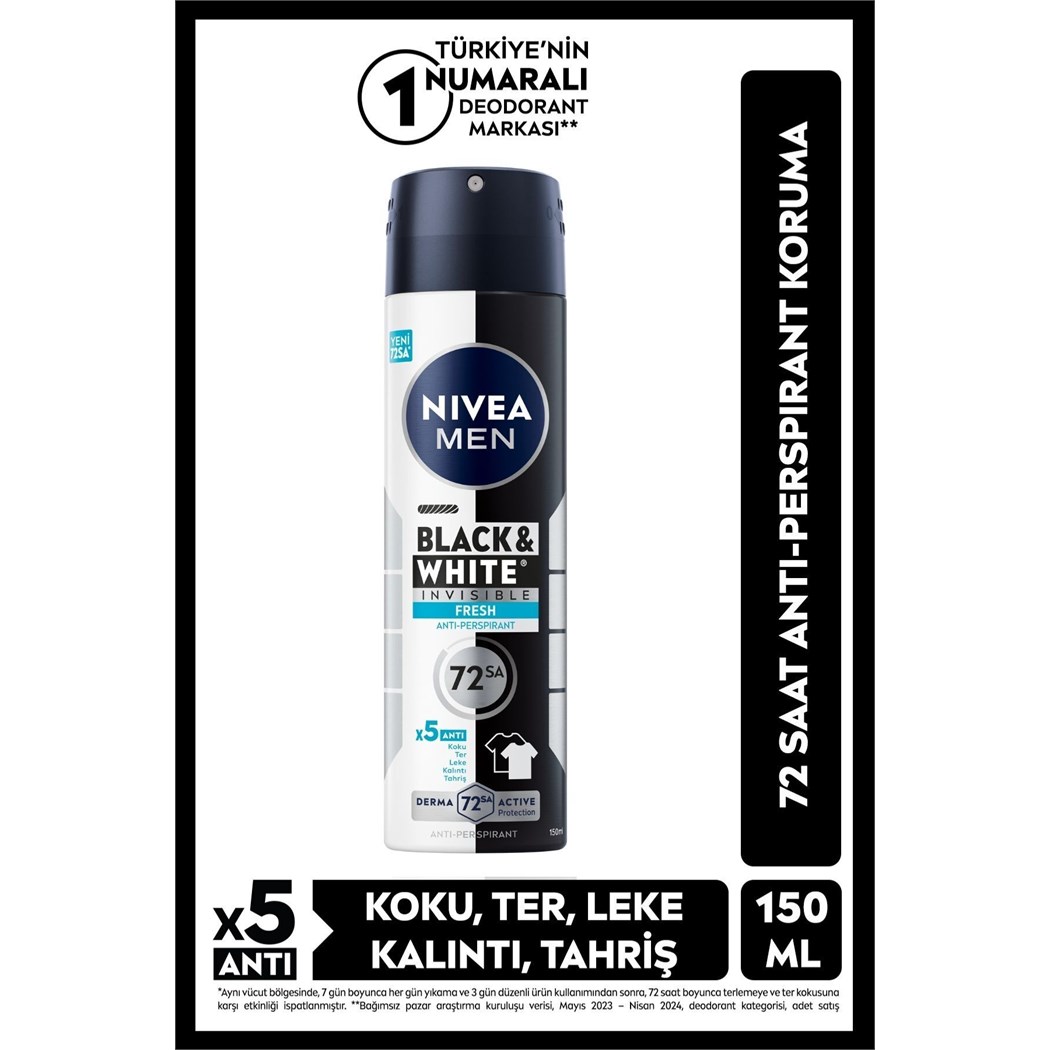 MEN Erkek Sprey Deodorant Black&white Invisible Fresh 150ml, 72 Saat Anti-Perspirant Ter Koruması