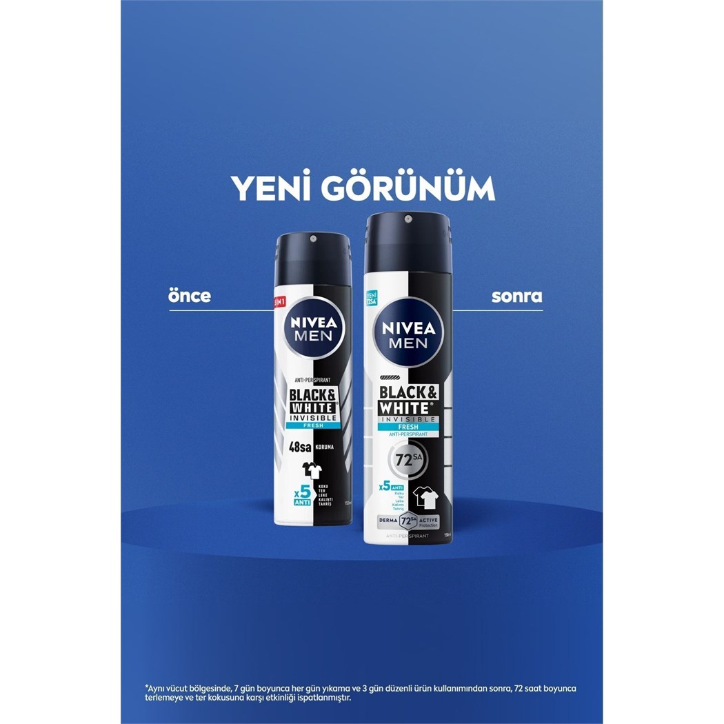MEN Erkek Sprey Deodorant Black&white Invisible Fresh 150ml, 72 Saat Anti-Perspirant Ter Koruması