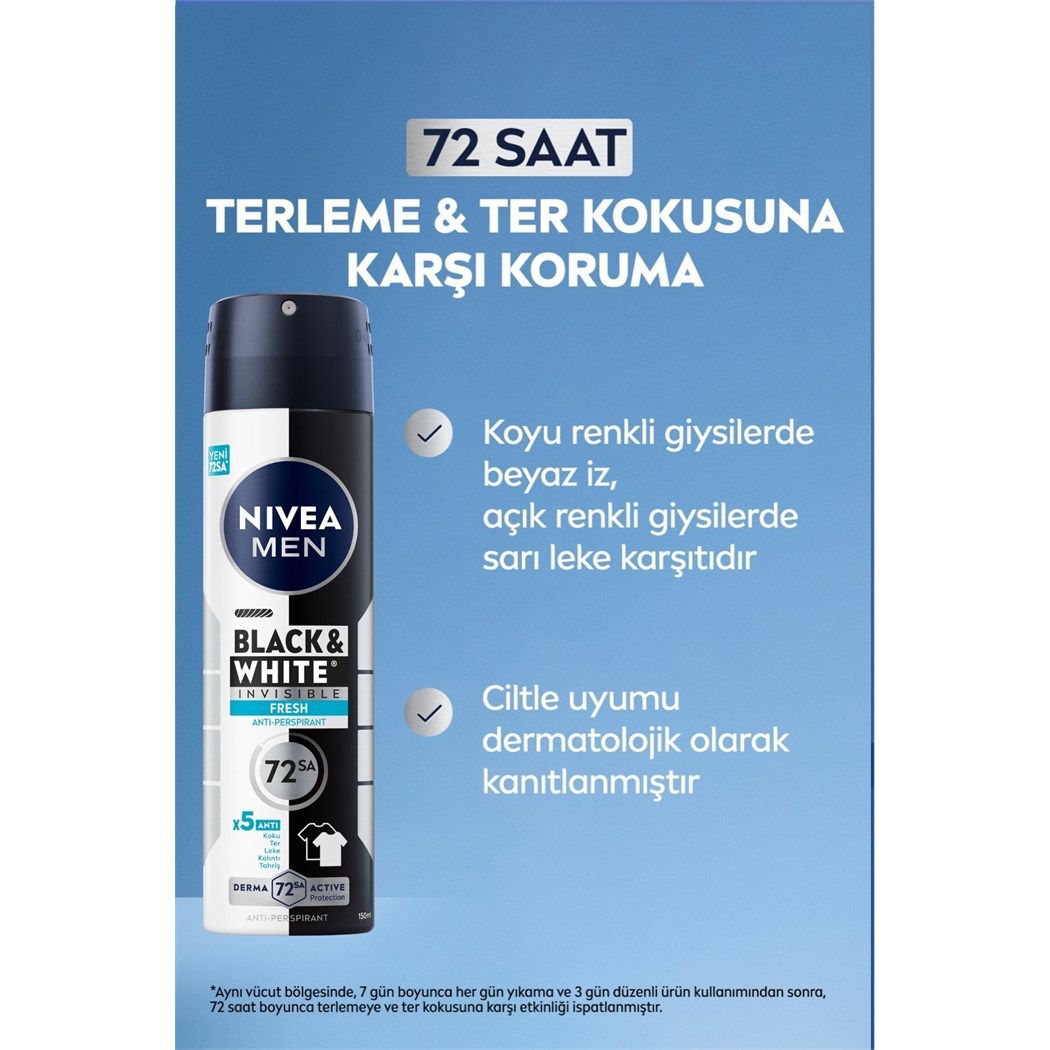 MEN Erkek Sprey Deodorant Black&white Invisible Fresh 150ml, 72 Saat Anti-Perspirant Ter Koruması