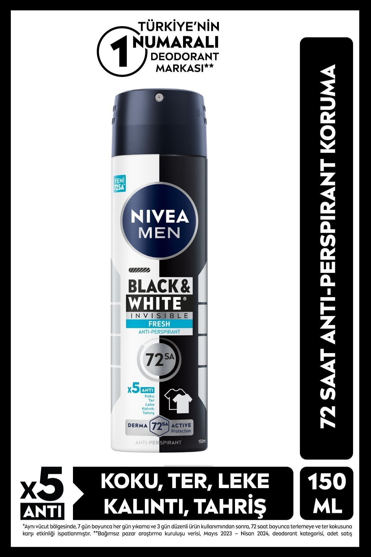 MEN Erkek Sprey Deodorant Black&white Invisible Fresh 150ml, 72 Saat Anti-Perspirant Ter Koruması