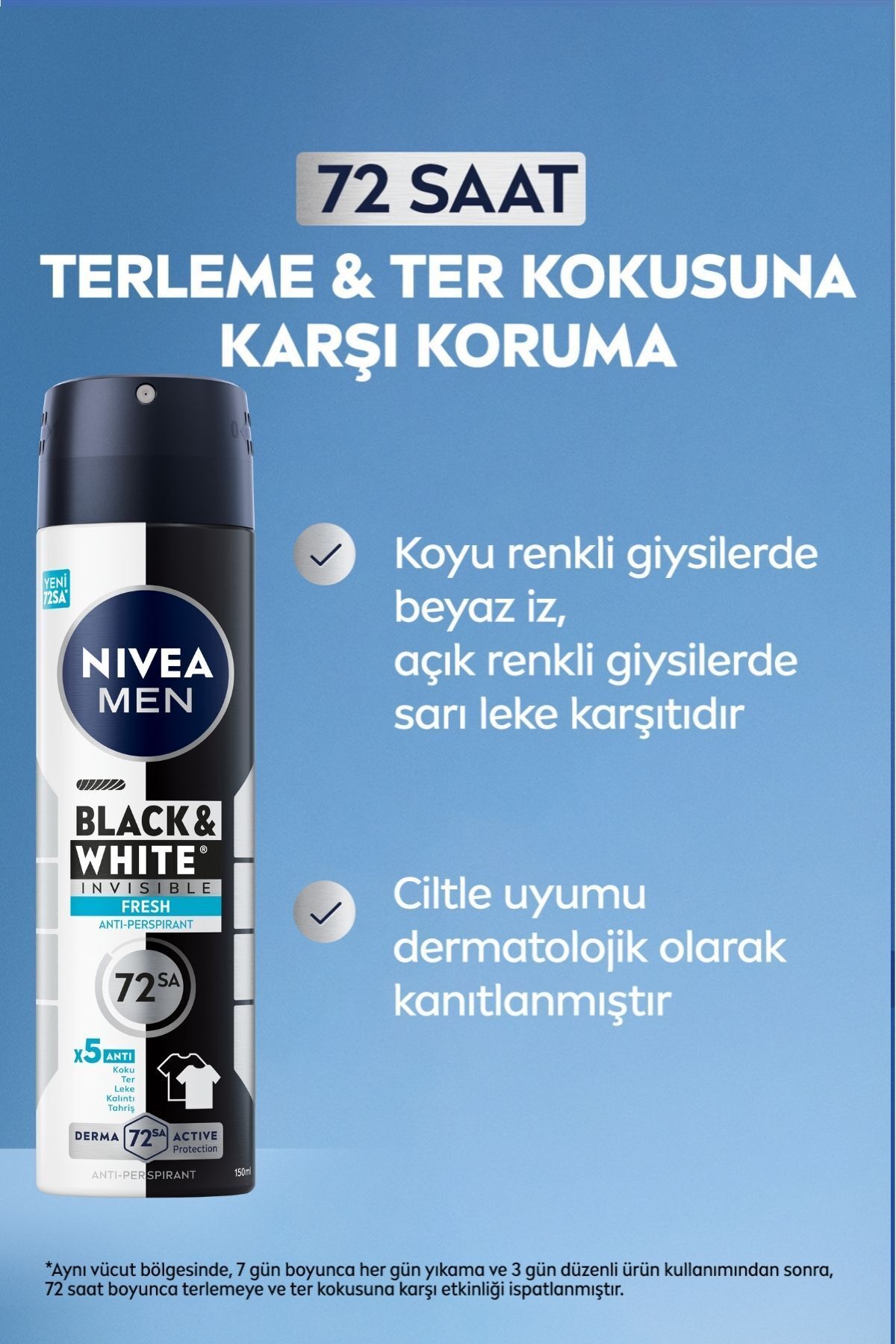 MEN Erkek Sprey Deodorant Black&white Invisible Fresh 150ml, 72 Saat Anti-Perspirant Ter Koruması
