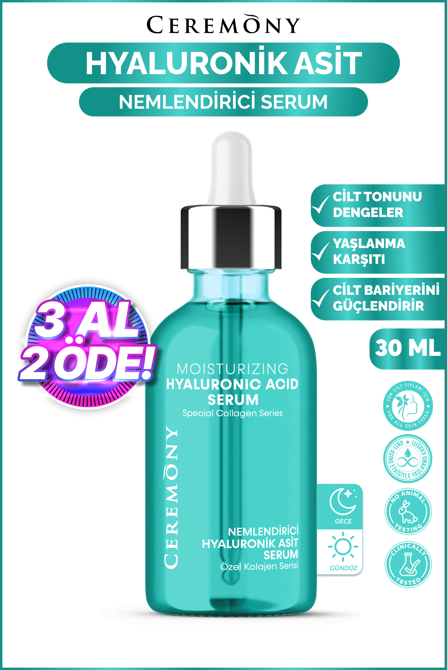 Hyaluronik Asit Serum 30 ml | Yoğun Nem Dolgunluk Cilt Bariyer Onarıcı