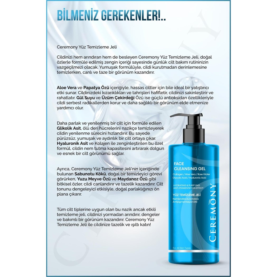 400 ml Temizleme Jeli Nemlendirici Arındırıcı Cilt Tonu Eşitleyici Hyalüronik