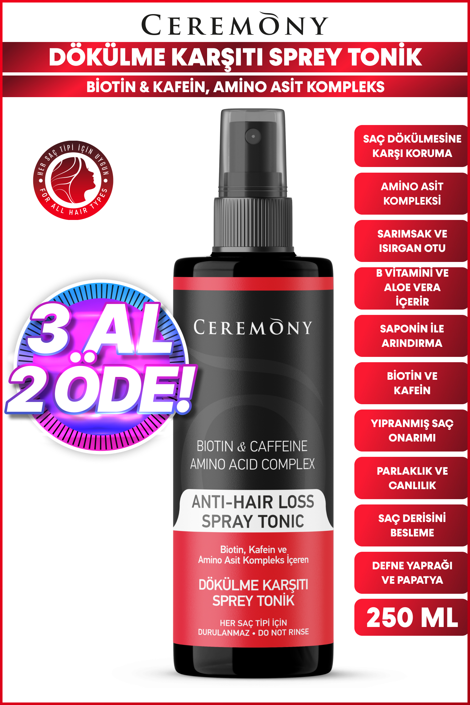 Biotin & Kafein & Amino Kompleks İçeren Dökülme Karşıtı Saç Sprey Toniği 250 ml