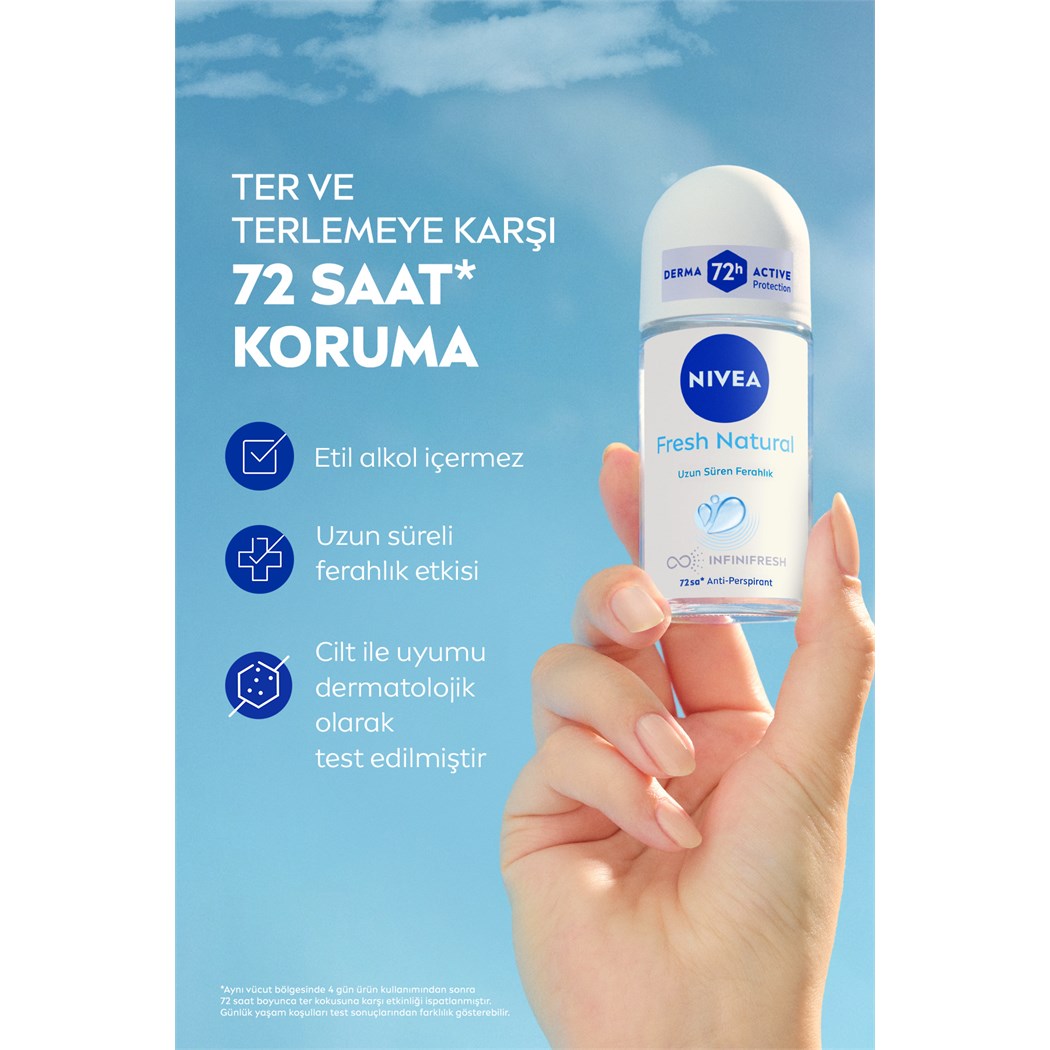 Kadın Roll-on Deodorant Fresh Natural 50ml, 72 Saat Anti-Perspirant Ter Koruması, Alkolsüz, X2 Adet