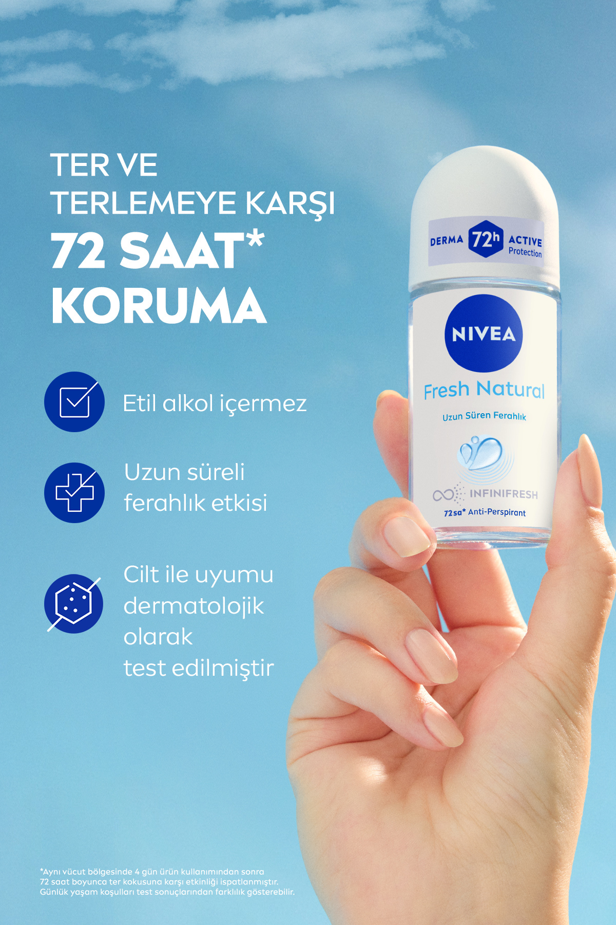 Kadın Roll-on Deodorant Fresh Natural 50ml, 72 Saat Anti-Perspirant Ter Koruması, Alkolsüz, X2 Adet