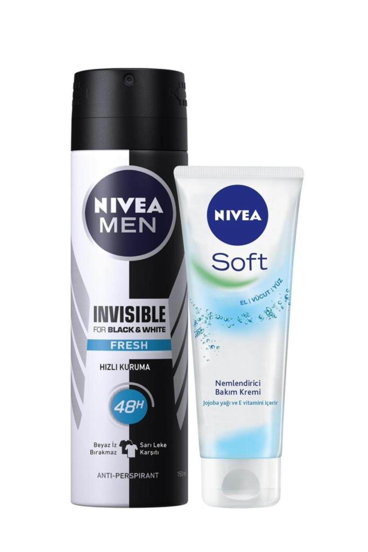Men Erkek Sprey Deodorant Black&white Invisible Fresh 150ml Ve Soft Nemlendirici Bakım Kremi 75ml