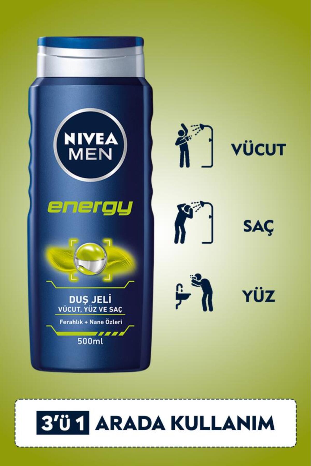 MEN Erkek Duş Jeli Energy 500ml, Komple Bakım, Vücut Saç Yüz, Nane Özleri, Ferah Cilt Hissi