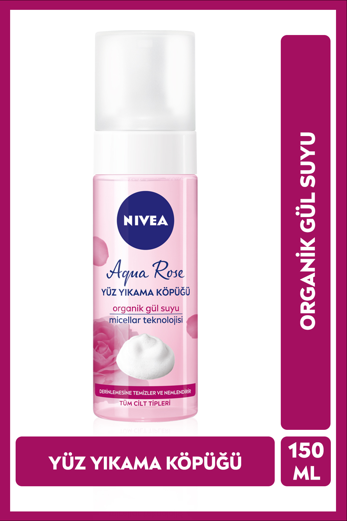 Aqua Rose Organik Gül Suyu İçeren Yüz Yıkama Köpüğü 150ml, Nemlendirici, Yüz Temizleyici, Micellar