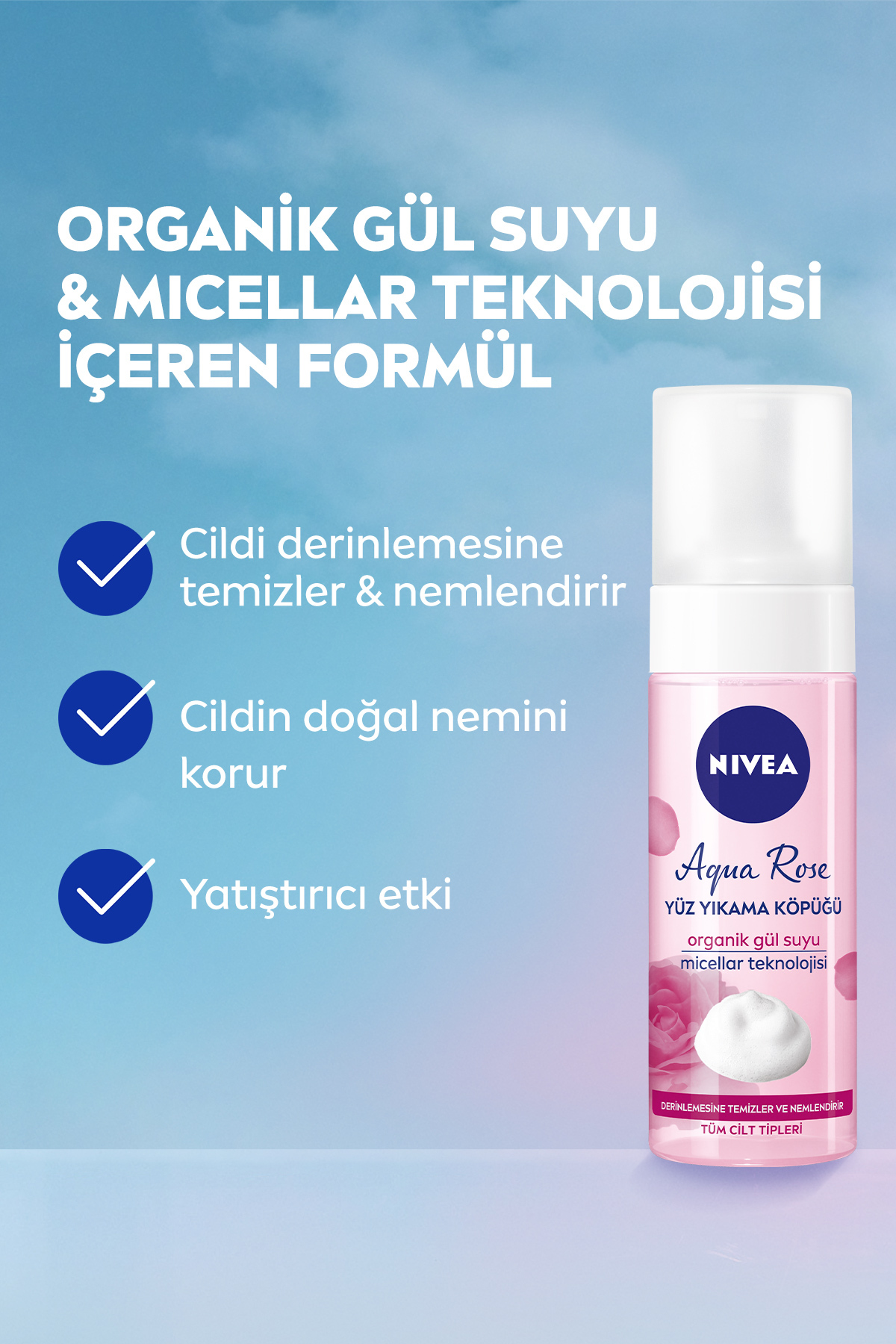 Aqua Rose Organik Gül Suyu İçeren Yüz Yıkama Köpüğü 150ml, Nemlendirici, Yüz Temizleyici, Micellar