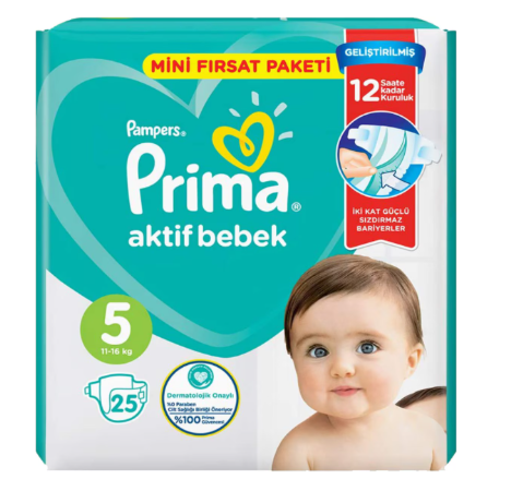 Prima Aktif Bebek Bebek Bezi 5 Beden 25'li Fırsat Paketi