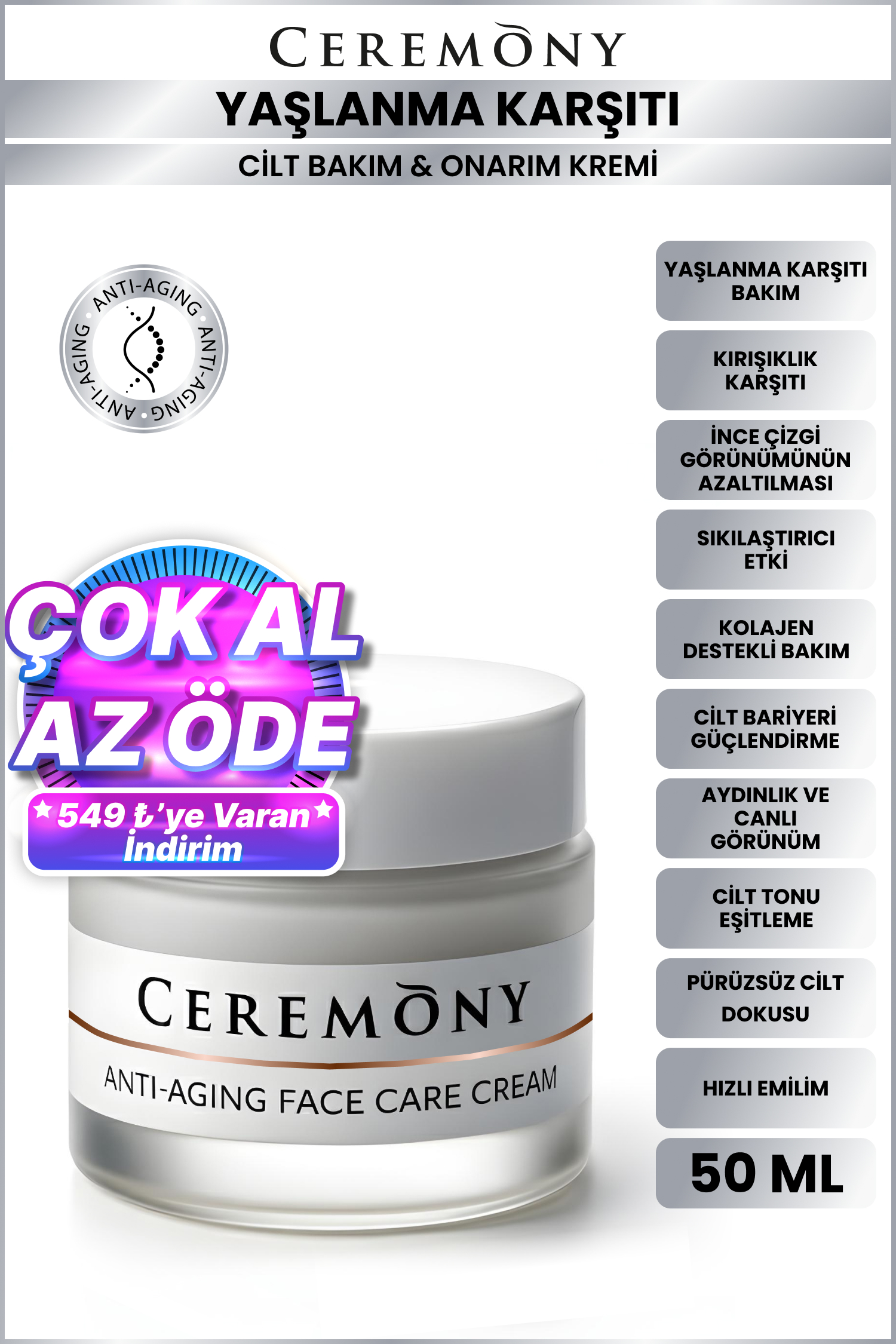 Ceremony Anti-Aging Yaşlanma Karşıtı,Kırışıklık Giderici Yüz Bakım Kremi 50 ml