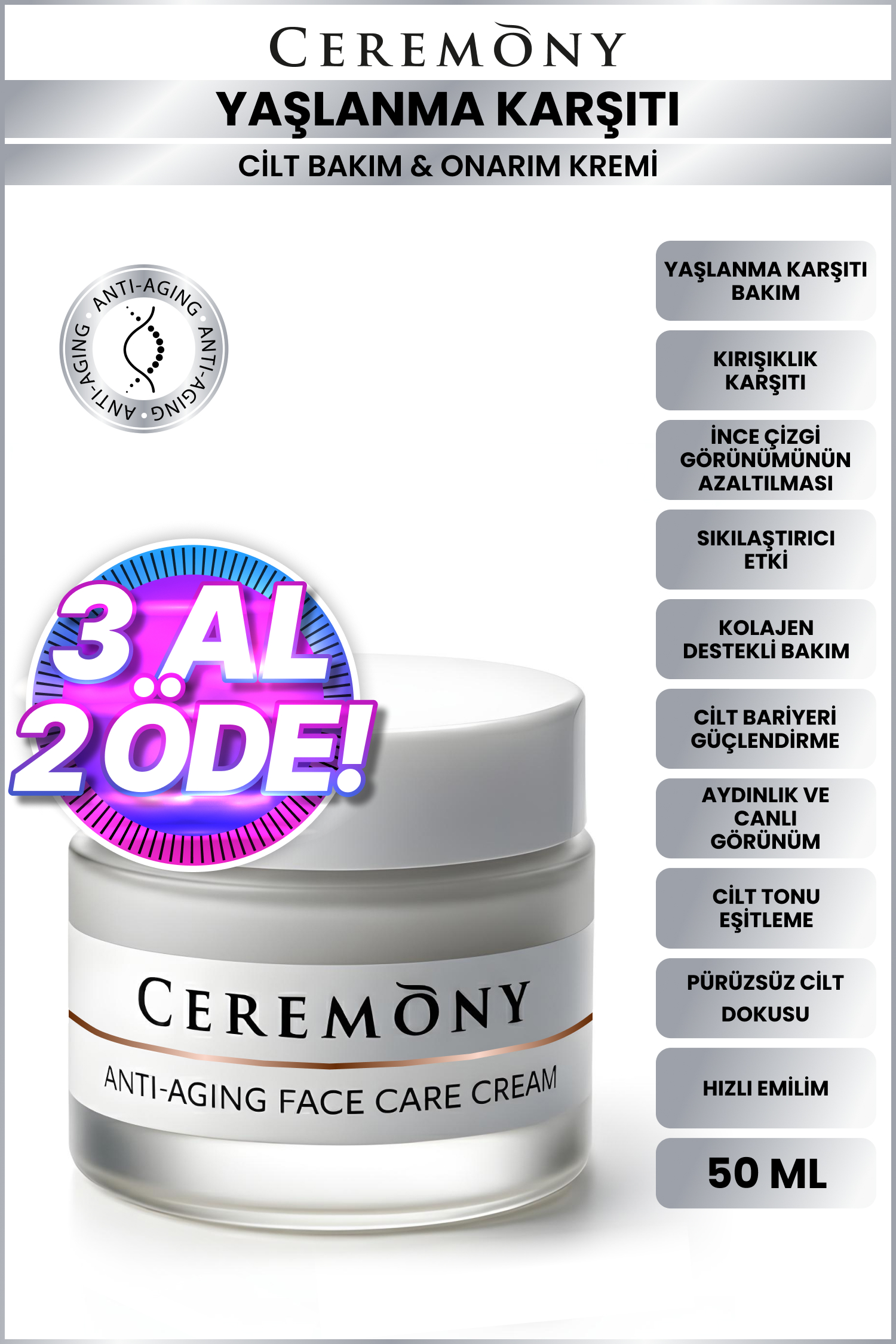 Ceremony Anti-Aging Yaşlanma Karşıtı,Kırışıklık Giderici Yüz Bakım Kremi 50 ml