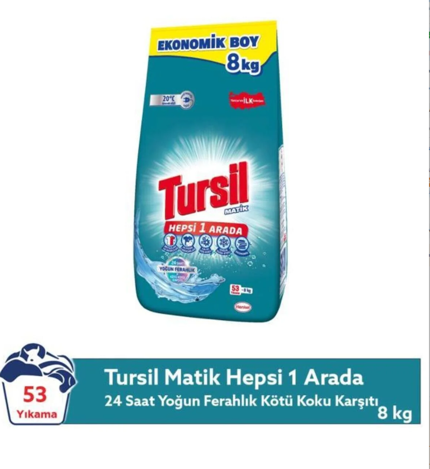 Tursil Matik Hepsi 1 Arada 8 kg Ekonomik Boy Toz Çamaşır Deterjanı 53 Yıkama