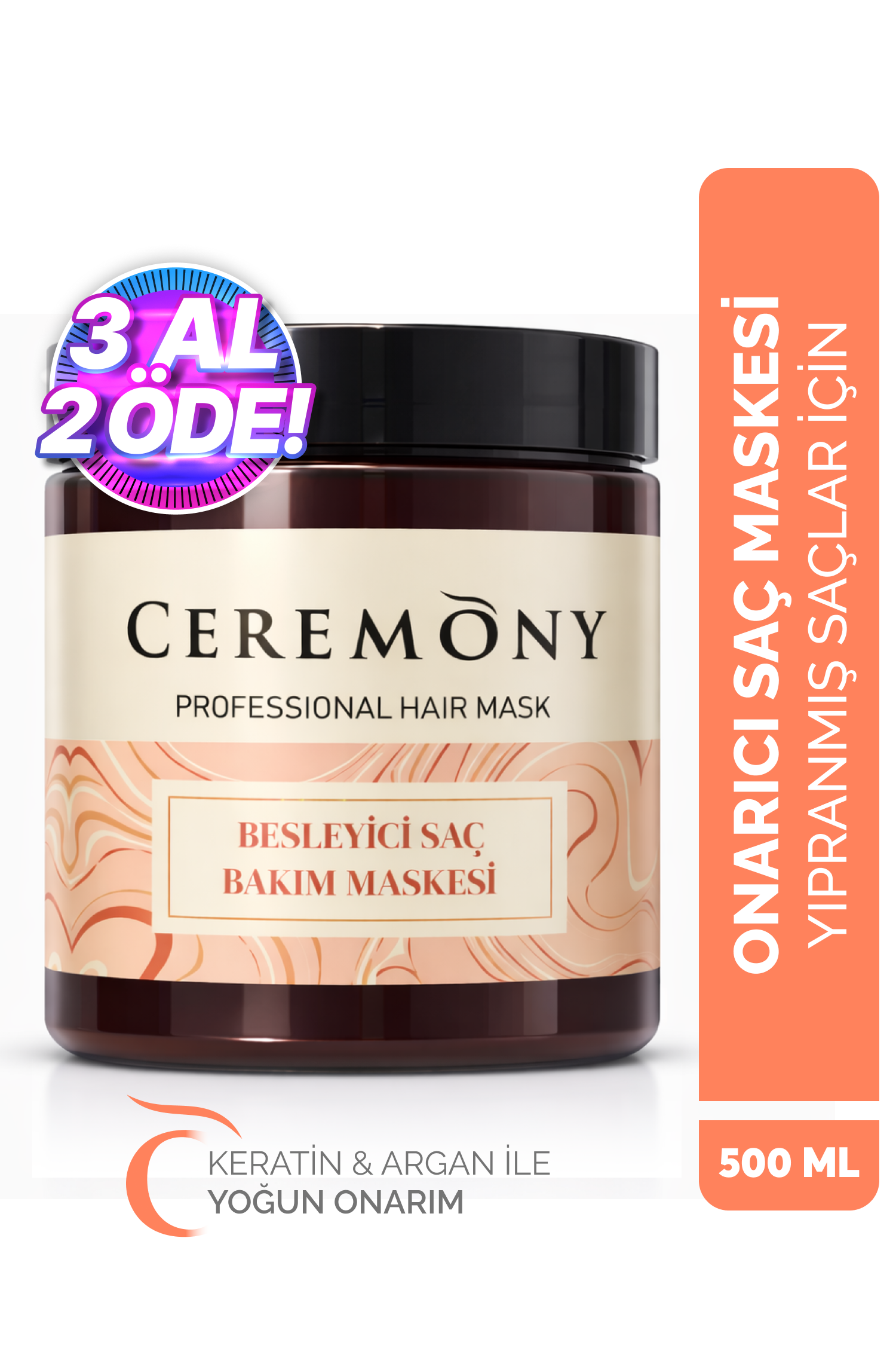 Saç Maskesi 500 ml | Yıpranmış Saçlara Onarıcı Keratin & Argan Bakım