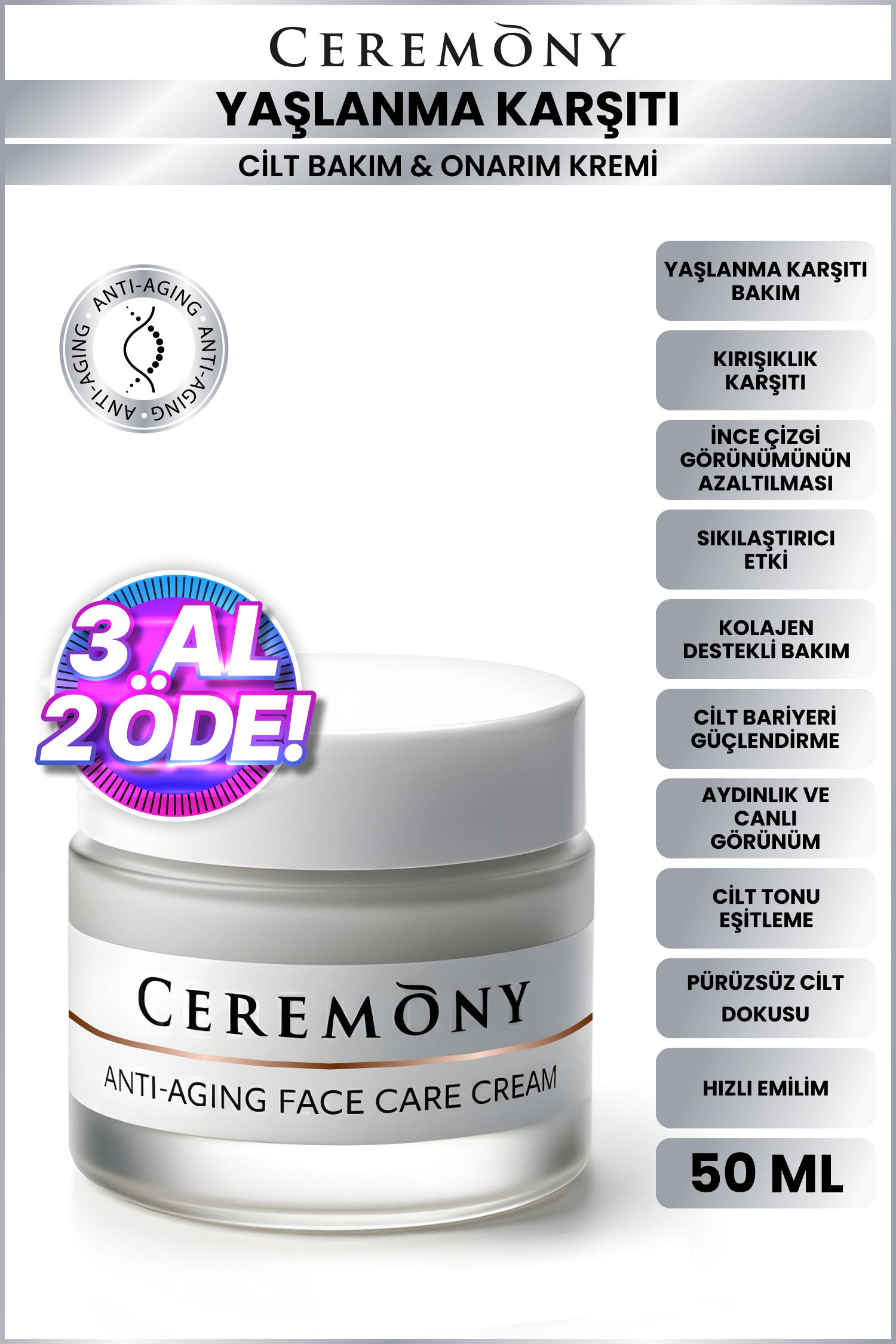 Anti Aging Krem 50 ml | Kırışıklık Karşıtı Sıkılaştırıcı Dolgunlaştırıcı