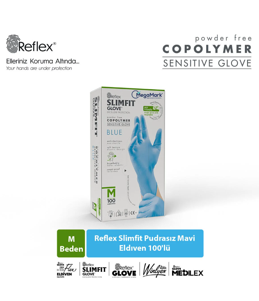 Reflex Pudrasız Muayene Eldiveni blue M 100lü 